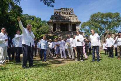 Mexican President Andrís Manuel López Obrador gives a tour of the Mayan ruins in Palenque to regional leaders participating in the summit.