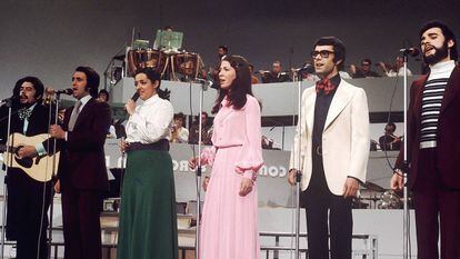 The Spanish band Mocedades singing 'Eres tú' at the 1973 Eurovision song competition.
