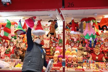 A stall at a Christmas market in Madrid’s Plaza Mayor square.