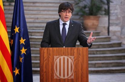 Ex-regional premier Carles Puigdemont during his recorded message today.