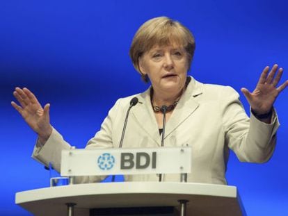 German Chancellor Angela Merkel speaking on Tuesday.
