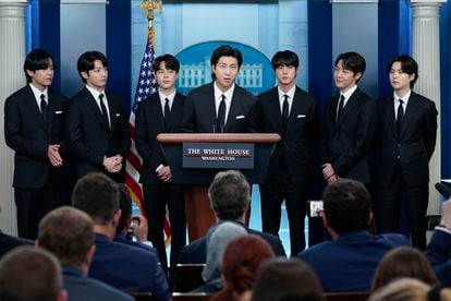 V, Jungkook, Jimin, RM, Jin, J-Hope and Suga, the members of BTS, at the White House in May 2022.