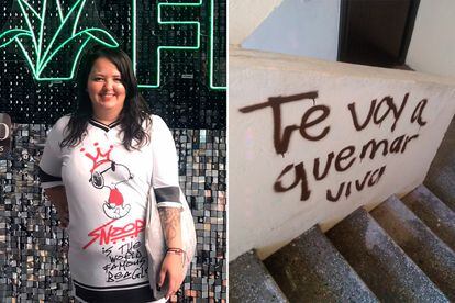 Luz Raquel Padilla in an image posted on her social media. Right: graffiti warning 'I am going to burn you alive'