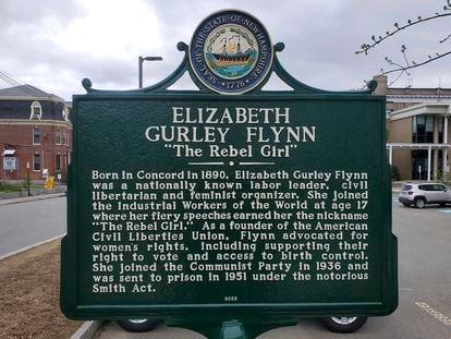 A historical marker dedicated to Elizabeth Gurley Flynn stands in Concord, New Hampshire, May 5, 2023.