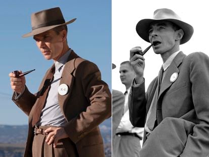 Irish actor Cillian Murphy won the Oscar for Best Actor for playing Robert Oppenheimer (r), who is photographed on the New Mexico ranch where the atomic bomb was tested in September 1945.