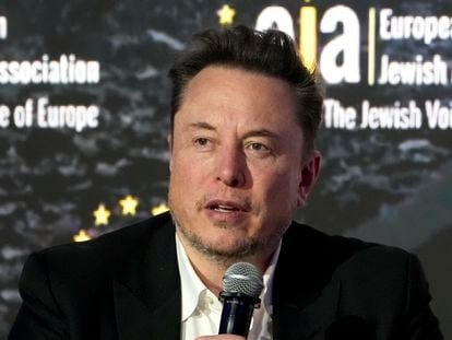 Tesla and SpaceX CEO Elon Musk addresses the European Jewish Association's conference, Jan. 22, 2024, in Krakow, Poland.