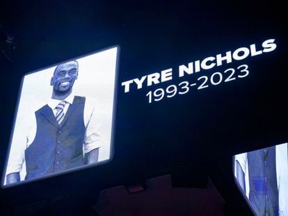 The screen at the Smoothie King Center in New Orleans honors Tyre Nichols before an NBA basketball game between the New Orleans Pelicans and the Washington Wizards, Jan. 28, 2023.
