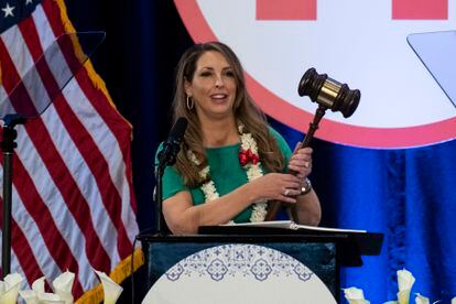 Re-elected Republican National Committee Chair Ronna McDaniel holds a gavel while speaking at the committee's winter meeting in Dana Point, Calif., Friday, Jan. 27, 2023.