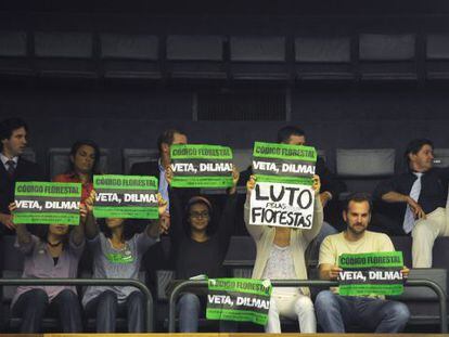 Environmentalists protest the new law at the Brazilian Congress last week.