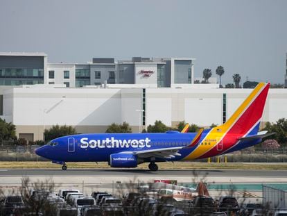 A Southwest Airlines plane taxis on the runway at the terminal the Long Beach Airport on April 18, 2023, in Long Beach, California.