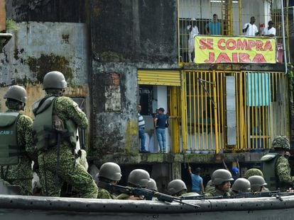 Soldiers patrol the port of Buenaventura, Colombia.