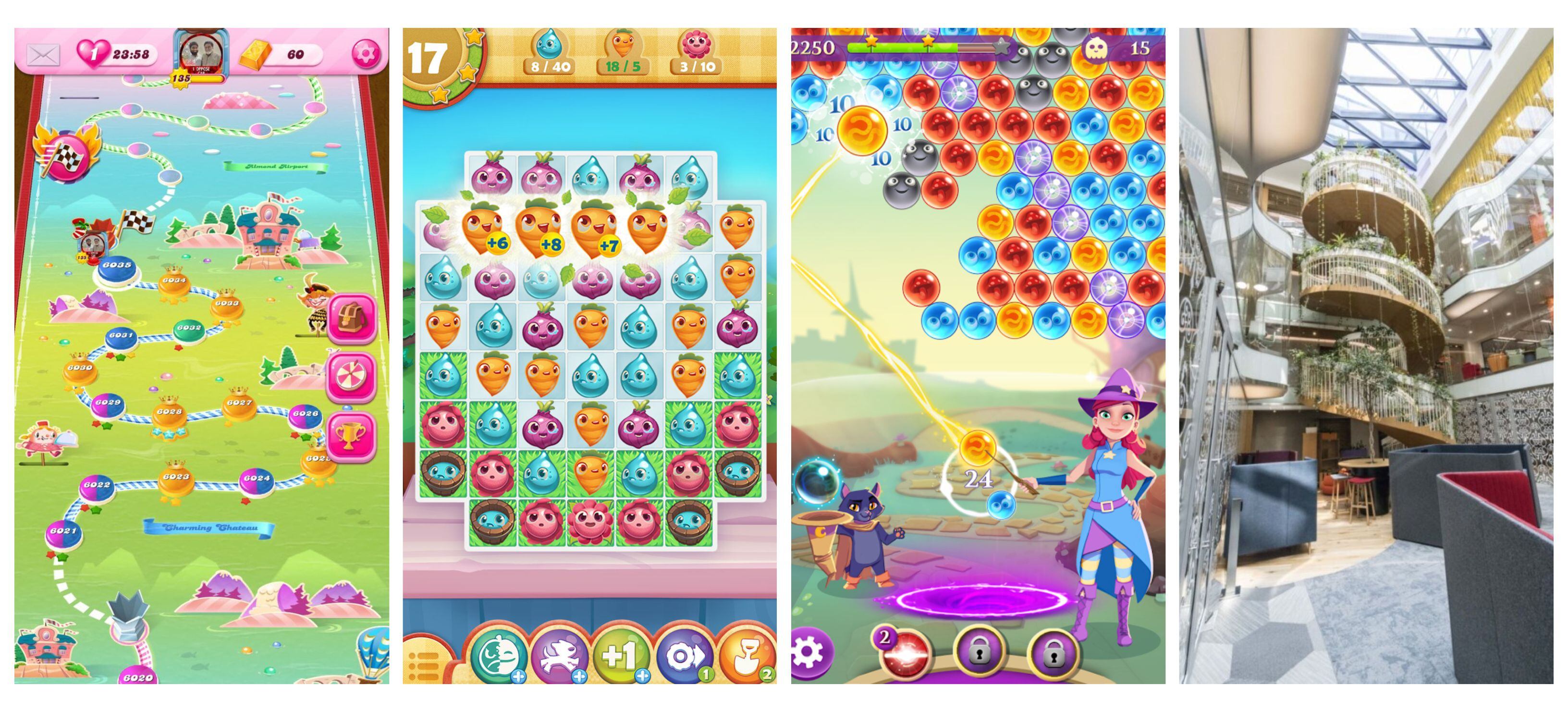 Images from 'Candy Crush', 'Farm Heroes', 'Bubble Witch' and King's London offices.