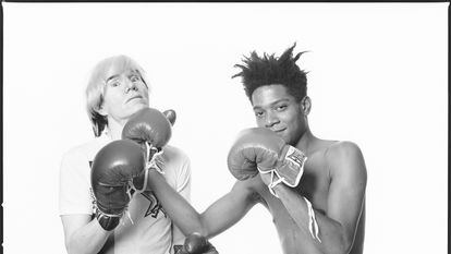 Andy Warhol and Jean-Michel Basquiat, portrayed by Michael Halsband, circa 1985.