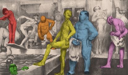 Illustration of men sharing conversation in a sauna in 1917.