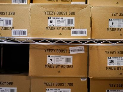 Boxes containing Yeezy shoes made by Adidas are seen at Laced Up, a sneaker resale store, in Paramus, N.J., Tuesday, Oct. 25, 2022.