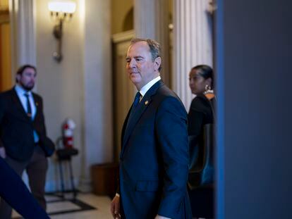 Rep. Adam Schiff stands outside the chamber after the Republican-controlled House voted to censure him for comments he made several years ago about investigations into Trump's ties to Russia, June 21, 2023.