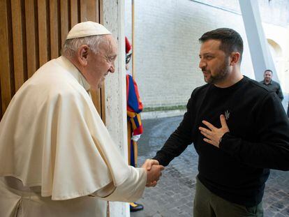 Pope Francis greeting Ukrainian President Volodymyr Zelensky upon his arrival for a private audience in The Vatican.