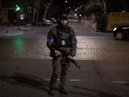 Gennadiy Raskin, a Jewish member of Ukraine's territorial defense forces, during a night patrol in downtown Odessa.