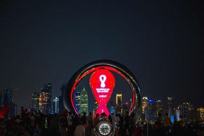 A clock marking the countdown to the start of the FIFA World Cup in Doha.