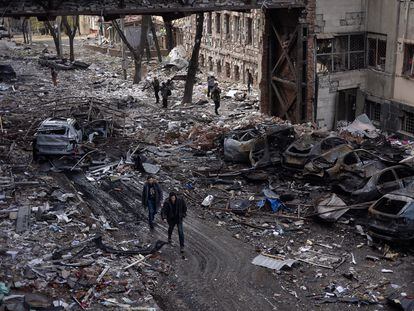 A street in Kharkiv hit by Russian missiles on April 16.