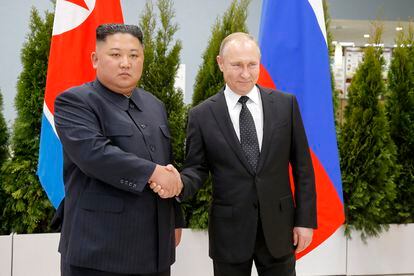 North Korean leader Kim Jong-un and Russian President Vladimir Putin during a meeting in Vladivostok, Russia, on April 25, 2019.