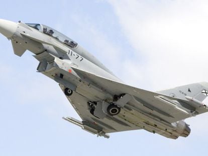 A Eurofighter plane, like the one pictured here, crashed in Seville on Monday.