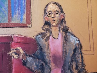 Caroline Ellison finds testifies during Bankman-Fried's fraud trial over the collapse of FTX, at Federal Court in New York City, on October 10, 2023, in this courtroom sketch.
