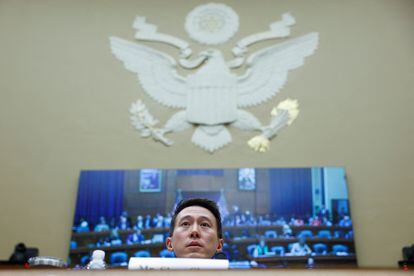 TikTok Chief Executive Shou Zi Chew looks on as he testifies before a House Energy and Commerce Committee hearing