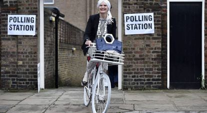 A voter leaves a polling station in London on Thursday.