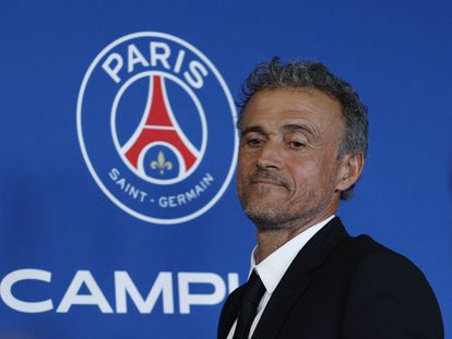 Luis Enrique at the event introducing him as PSG's new coach on Wednesday.