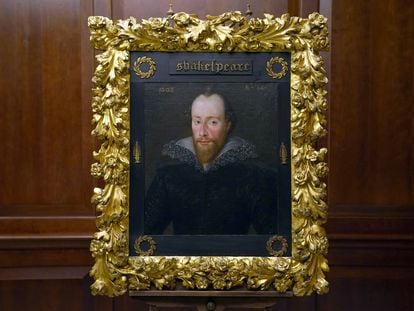Portrait by the artist Robert Peake, allegedly depicting William Shakespeare, exhibited in the Grosvenor House hotel in London.