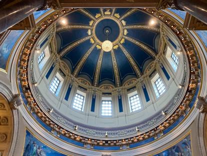 The "electrolier" is lit in the Minnesota State Capitol dome in St. Paul, Minn., Thursday, May 11, 2023, to mark Statehood Day, Minnesota's 165th birthday.