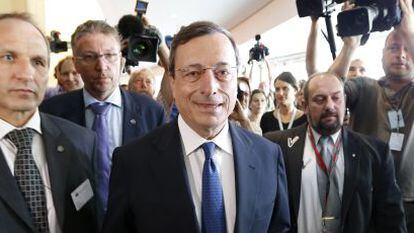 ECB President Mario Draghi arrives at the European Parliament on Monday.