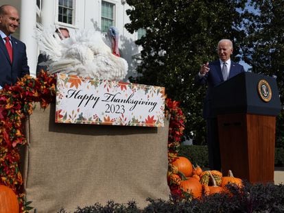 U.S. President Joe Biden pardons the National Thanksgiving Turkey, Liberty, on the South Lawn at the White House in Washington, November 20, 2023.