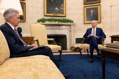Federal Reserve Chairman Jerome Powell in a meeting with US President Joe Biden on May 31 at the White House.