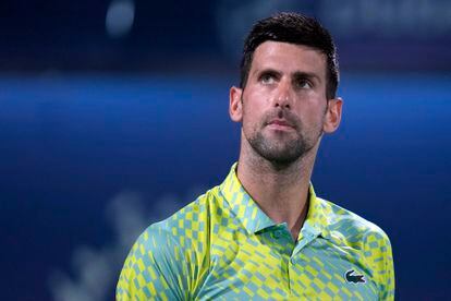 Serbia's Novak Djokovic looks up during the quarterfinals of the Dubai Duty Free Tennis Championships in Dubai, United Arab Emirates, Thursday, March 1, 2023.