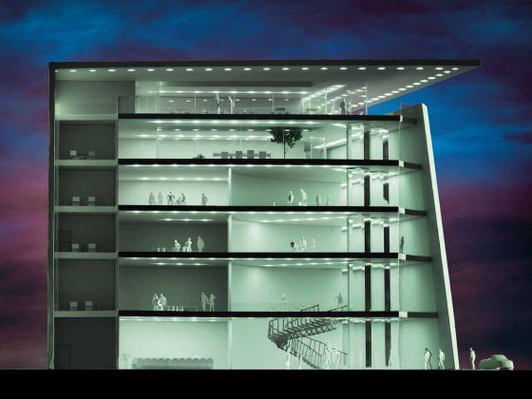 A virtual impression of the inside of the building with a staircase that "wraps around itself."