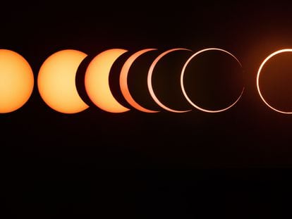 The entire sequence of an annular solar eclipse from start to finish. This sequence shows the beginning of the eclipse and continues all the way until the ring of fire is formed.