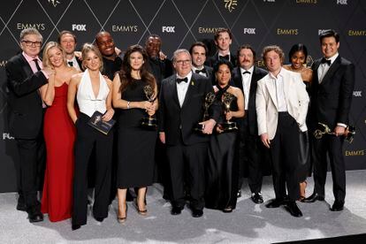 The team of 'The Bear', winners of six Emmy Awards, including best comedy series, in the press room at the 75th Emmy Awards.