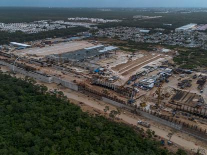 Aerial view of the construction work of the Mayan Train station in Playa del Carmen. January 2024.