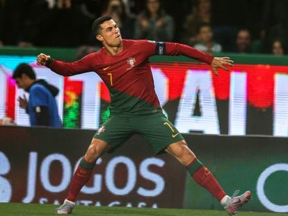 Portugal's forward Cristiano Ronaldo celebrates scoring his team's fourth goal during the UEFA Euro 2024 qualification match between Portugal and Liechtenstein at the Jose Alvalade stadium in Lisbon on March 23, 2023.