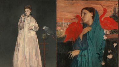 Young Lady (1866), by Édouard Manet, and Young Woman with Ibis, begun in 1857 and completed in 1866-68, by Edgar Degas.