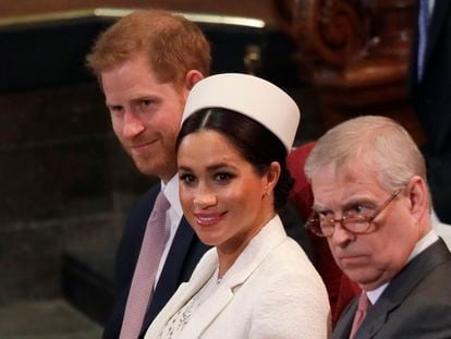 Prince Harry, Meghan Markle and Prince Andrew at Westminster Abbey in London on March 11, 2019.