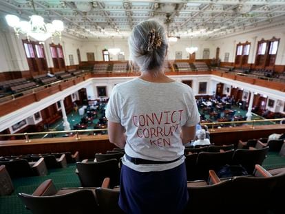 A member of the public arrives for day six of the impeachment trial for Texas Attorney General Ken Paxton in the Senate Chamber at the Texas Capitol, Tuesday, Sept. 12, 2023, in Austin, Texas.