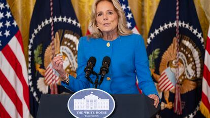US First Lady Dr. Jill Biden delivers remarks during the National Governors Association Winter Meeting in the East Room of the White House in Washington, DC, February 23, 2024.