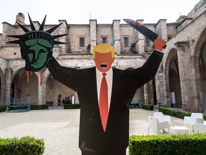 A reproduction of Edel Rodriguez’s infamous illustration of Donald Trump holding the Statue of Liberty’s head on display at the Carme Center of Contemporary Culture in Valencia.