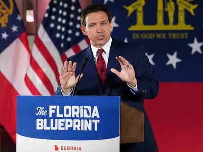 Florida Governor Ron DeSantis speaks to a crowd at Adventure Outdoors gun store, on March 30, 2023, in Smyrna, Georgia.