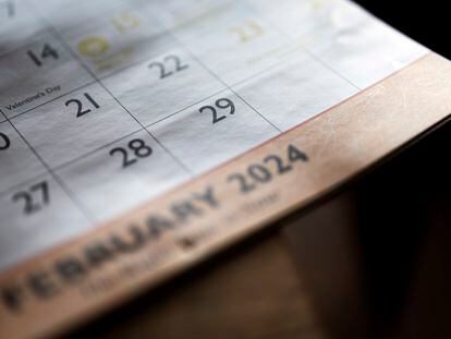 A calendar shows the month of February, including leap day, Feb. 29, on Friday, Feb. 23, 2024, in San Diego.