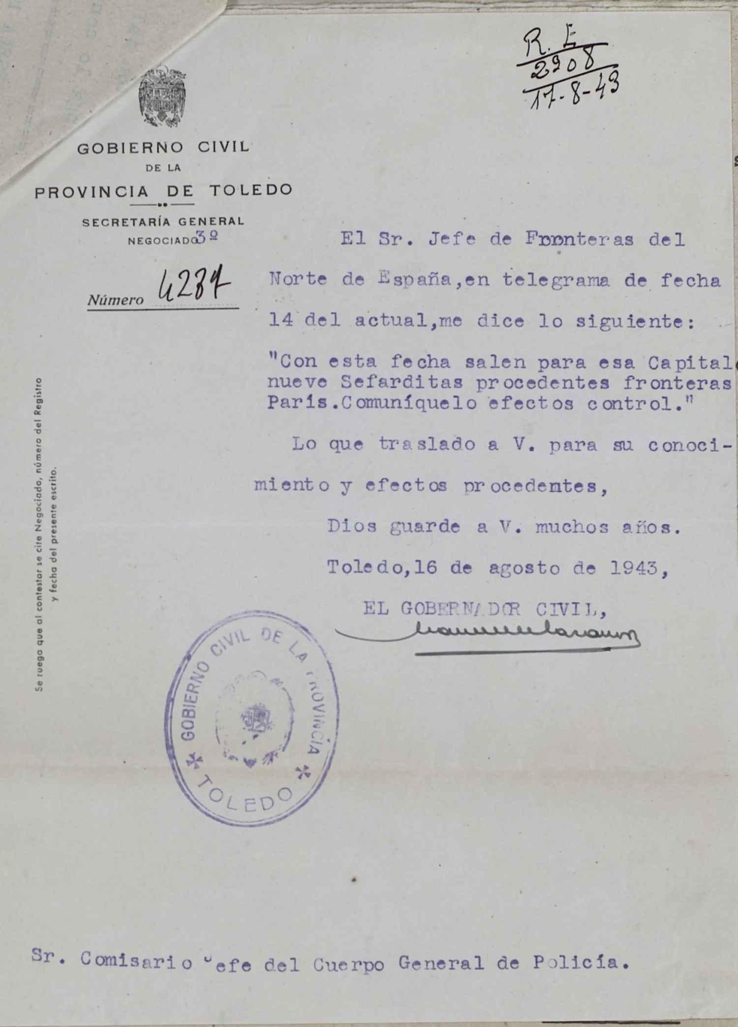 Telegram od cywilnego gubernatora Toledo do szefa policji miejskiej, w którym poinformowano go, że dziewięciu sefardyjskich Żydów - grupa obejmująca kilku „ochrzczonych” - opuściło Francję 14 sierpnia 1943 r. Z Toledo jako celem.  ARCHIVO HISTÓRICO PROVINCIAL DE TOLEDO