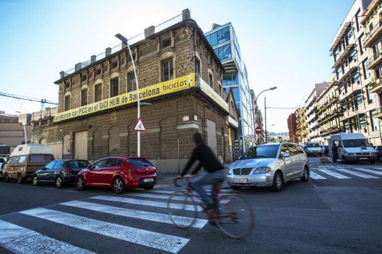A cyclist in Barcelona's Clot neighborhood.